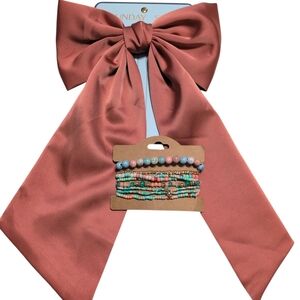 Chic Pink Bow Hair Clip And Beaded Bracelets